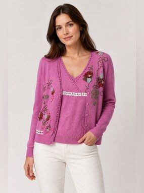 Cottagecore Cashmere Blend Twin Set Floral Embroidered Patchwork Coquette Twee